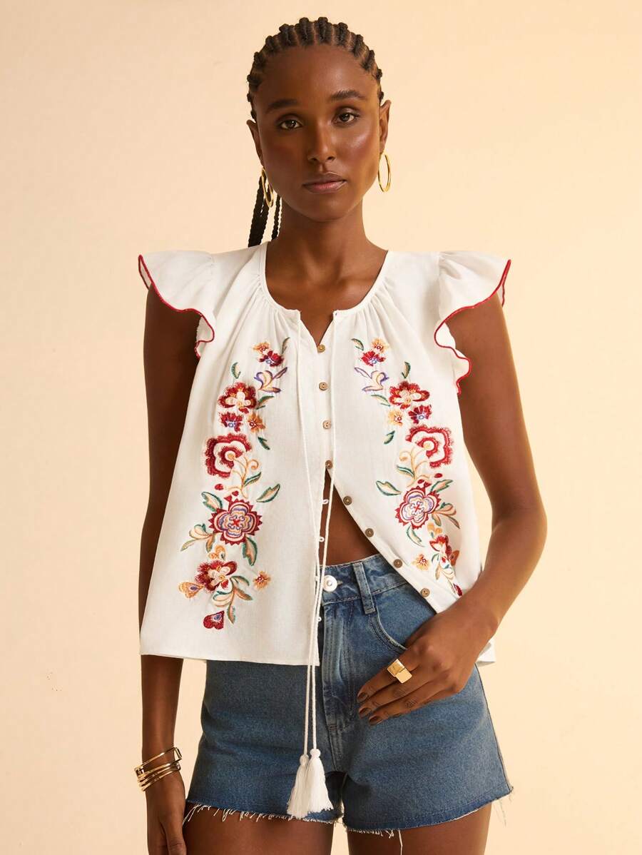 CAJUNI 女士休闲度假白色梭织刺绣盖袖撞色饰边纽扣流苏领带沙滩背心，宽松版型 - 彩色 - 查看 1