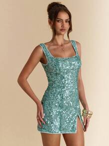 SHEIN BAE Mint Blue Sage Green Sleeveless Sequin Glitter Mini Dress With High Slit,Summer 70s Retro Club Party Sparkly Music Festival Brunch Vacation Clothing - Green - View 4