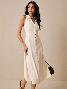 Poéselle Women Sleeveless Plain Minimalist Mid-Length Dress Suitable For Summer - White - View 1