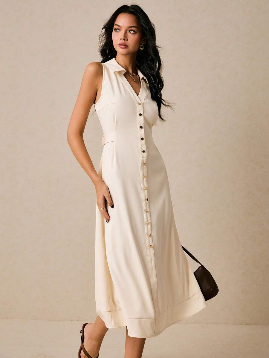 Poéselle Women Sleeveless Plain Minimalist Mid-Length Dress Suitable For Summer - White - View 1