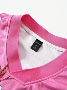 ROMWE MEN Prep 男士球衣足球花卉印花 V 领短袖 T 恤，休闲装，度假装，2000 年代风格 - 粉色 - 查看 6