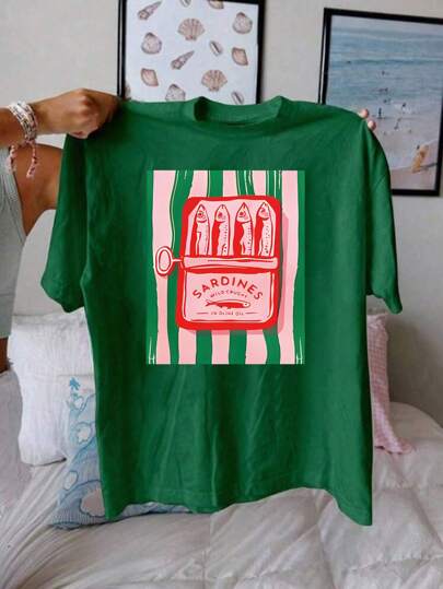 Plus Size Women Casual Round Neck T-Shirt With Funny Sardine & Letter Graphic, Loose Fit, Spring/Summer