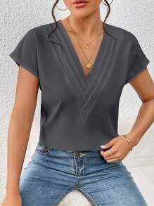 SHEIN Privé Camisa de manga corta, unicolor simple, de moda para el verano - Gris - Ver 4