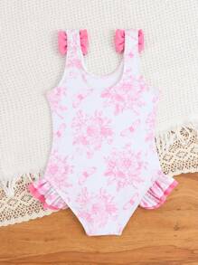 SHEIN Girls' One Piece Swimsuit, Random Floral Print With Ruffle Trim - Multicolor - View 2