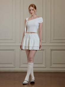 SHEIN MOD Dreamy Romantic White Ruffled Asymmetrical Women's Vest And Two-Tiered Skirt Set With Unique Shoulder Straps - Perfect For Vacations, Dates, Birthday Celebrations, Afternoon Teas, And Festivals,Summer,Beach Outfits For Woman,Vacation Outfits Women,Rave Outfits,Country Concert Outfit - White - View 7