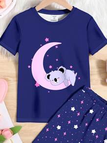SHEIN Tween 女童休闲可爱考拉与星星图案简约短袖短裤睡衣套装，贴身剪裁，春夏 - 彩色 - 查看 3