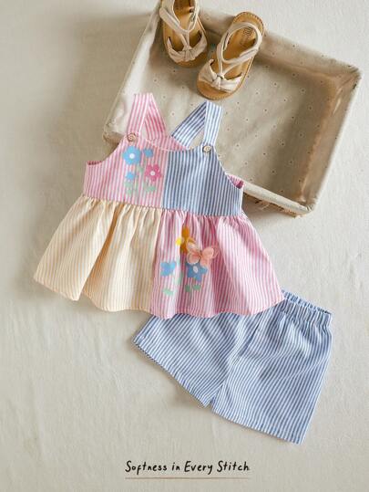 Cozy Pixies Conjunto de 2 piezas para bebé niña, top de tirantes con estampado floral y contraste de colores, shorts de cintura elástica