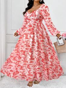SHEIN Clasi Damen Kleid in Große Größen mit kleinem Blumenmuster, romantischer französischer Landhausstil mit Volants am Kragen, Langarm, taillierter Schnitt, lange Bauernkleid-Silhouette - Rot - Übersicht 5