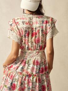 Bohemela 波西米亚风格乡村度假花卉印花撞色蕾丝女式短袖衬衫 - 白色 - 查看 4