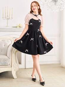 Teens Girls Hollow Collar Puff Sleeve Waist Cinched Flare Dress With Bow Decor - Multicolor - View 5