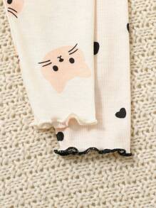 SHEIN 4 件套新生女婴可爱卡通印花针织弹力长袖上衣和松紧腰长裤套装，秋冬