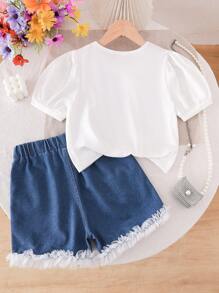 Süßes 2 Stücke Sommer-Set für Tween Mädchen, modische, lässige Jeans, einfarbiges, leichtes und bequemes T-Shirt mit Perlenschleife