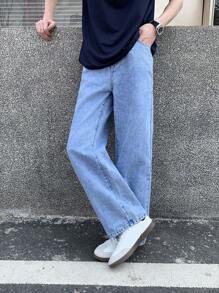 SHEIN Teen Boy Casual Fashion Snow Texture Elastic Waistband Loose Straight Leg Jeans For Teen Boy Clothes Boys Soft Dailywear And Teen Boy Summer And Spring Clothes - Blue - View 5