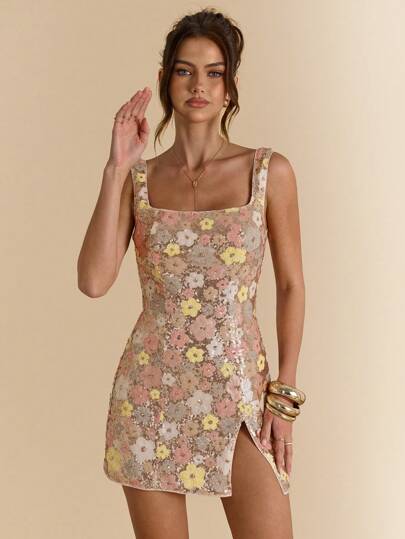 SHEIN BAE 纯色粉色亮片花卉优雅侧开衩细肩带迷你连衣裙，缀饰 3D 花朵鸡尾酒会礼服，适合度假、海滩、音乐节、生日派对、早午餐、婚礼宾客服装、伴娘礼服