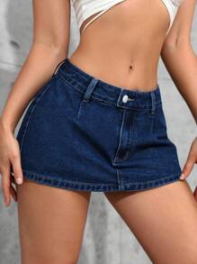 SHEIN Tall 超短牛仔迷你裙，夏日时尚 - 深色水洗藍 - 查看 6