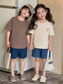2 pièces/set T-shirt ample et imprimé de lettres avec shorts en jean de style coréen. Tenue d'été mode et décontractée pour les filles - Nude - Voir 2