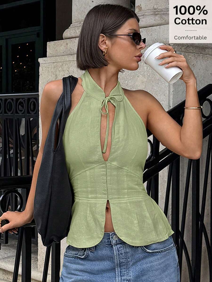 Siren Gaze 女式系带镂空修身吊带背心上衣、开衩衬衫短款上衣 - 綠色 - 查看 1