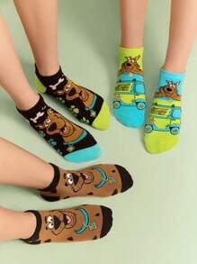 SCOOBY-DOO X SHEIN 3 Pairs Breathable Soft Ankle Socks, Reinforced Toe & Heel For Durability, Black & Brown Colors, Dog & Car Patterns, Suitable For All Seasons, Unisex