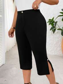 SHEIN Clasi Plus Size Women Elegant Wrap Decor Split Slim Fit Capri Pants, Fashionable Office Wear Casual Pants, Summer
