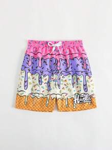 SHEIN Boy Ice Cream Print Drawstring Waist Summer Beach/Swimming Shorts - Purple - View 3