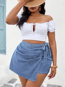 Slaydiva 大码牛仔短裤，夏季时尚 - 深色水洗藍 - 查看 4