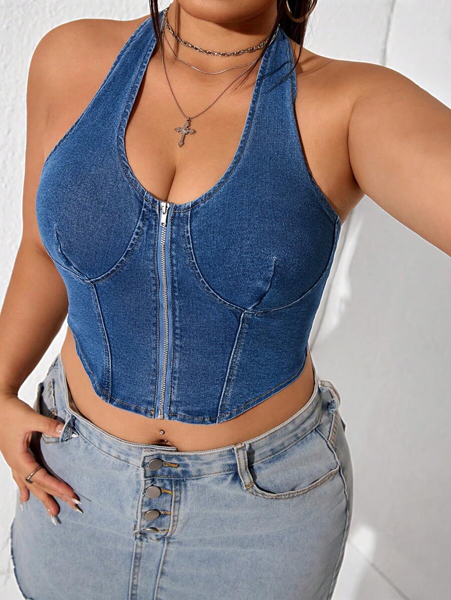 SHEIN ICON Plus Size Front Zipper Backless Halter Denim Top - Blue - View 1