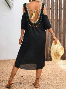 Breezaya Abito da donna con scollo aperto, dritto, con motivi a uncinetto traforati e patchwork, adatto per vacanza