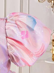 女童碎花印花V领镂空装饰大蝴蝶结泡泡A字公主裙，适合生日派对、节日、婚礼、表演等场合