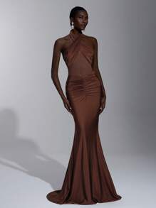 Elitara 优雅、浪漫、性感、简约棕色弹力抹胸露背修身打结透视时尚网红连衣裙，适合节日、生日派对、婚礼、伴娘 - 鏽棕色 - 查看 6
