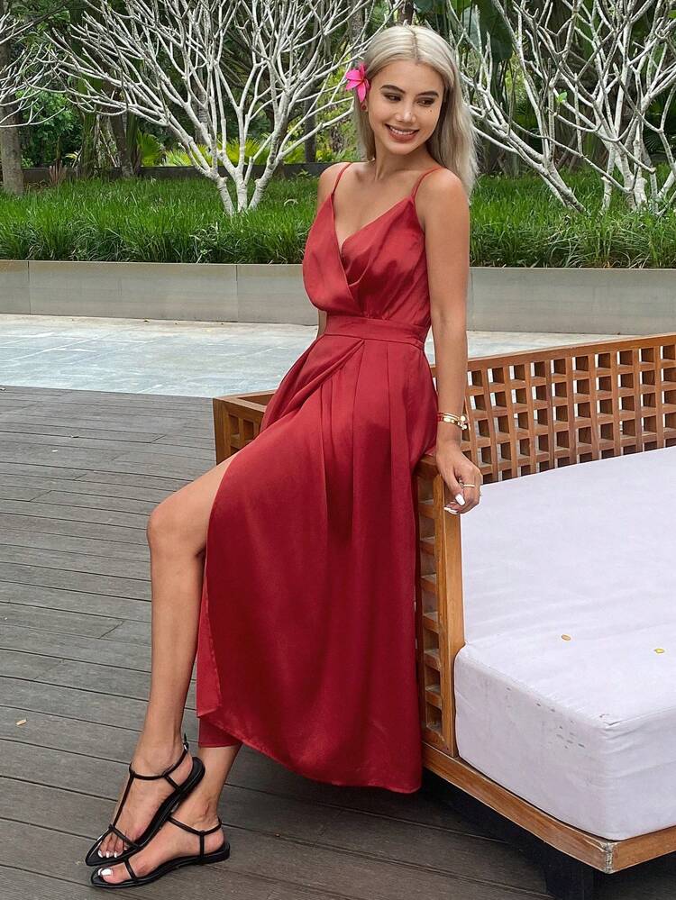V-Neck Elegant Adjustable Waist Long Dress For Women Red Women Dresses Cruise Outfit For Women