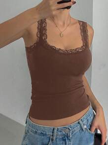 DAZY Women's Lace Patchwork Wide Strap Simple Casual Top, Everyday Wear - Brown - View 4