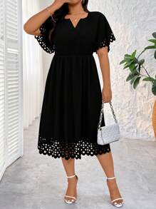 Rometta Plus Size Women's Solid Color V-Neck Short Sleeve Summer Dress - Black - View 1