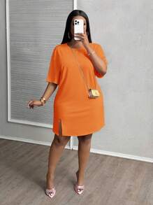 Slaydiva Plus Size Pink Side Split Drop Shoulder Short Sleeve Casual Vacation Dress, Early Spring,Summer Outfits For Women,Sun Dresses For Women - Orange - View 1