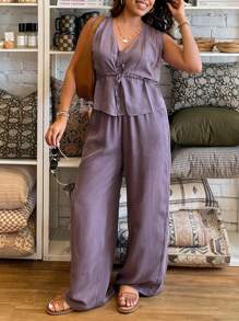 INAWLY 1 Set Plus Size Women Solid Color Tie-Waist Sleeveless Shirt And Pants - Purple - View 1
