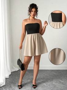 Elenzga Elegant Summer Vacation Sleeveless Strapless Romper In Black & Khaki, Plus Size
