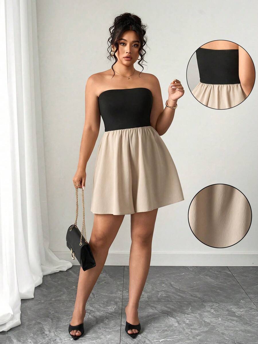 Elenzga Elegant Summer Vacation Sleeveless Strapless Romper In Black & Khaki, Plus Size