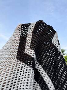 SHEIN EZwear 2 件套女士波西米亚风度假条纹流苏针织套装，夏季时尚 - 黑與白 - 查看 8