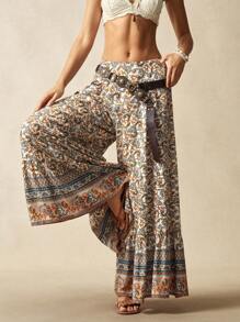 Bohemela Bohemian Style Woven Printed High Waist Flare Wide Leg Pants, Suitable For Countryside Holiday