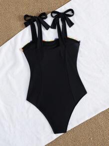 Swim Vcay Swim Mod Women One-Piece Swimsuit, Fresh Solid Color With 3D Floral Decor, Sexy Bow Accent, One-Piece Swimwear For Summer Beach - Black - View 2