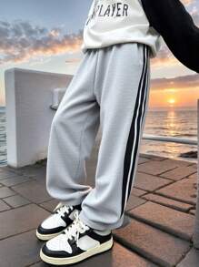 Young Boy Side Contrast Stitching Loose Straight-Leg Pants, Versatile For Daily Casual And Sports, Breathable Thin Fabric