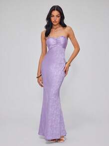 Roylia 女士时尚优雅性感提花缎面露背连衣裙，修身晚礼服，春夏 - 紫色 - 查看 1