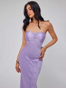 Roylia 女士时尚优雅性感提花缎面露背连衣裙，修身晚礼服，春夏 - 紫色 - 查看 5