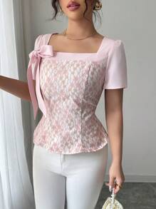 Chiquease Elegante Bluse für Frauen mit quadratischem Ausschnitt, Taillenzug mit Schleife, Kurze Ärmel, Rosa