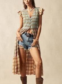 Bohemela Boho Woven Plaid V-Neck Slit Dolman Sleeve Mid-Length Dress For Women - Multicolor - View 6