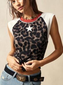 Bohemela 波西米亚风休闲豹纹插肩袖修身女式背心 - 彩色 - 查看 5