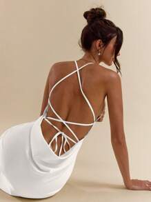 SHEIN BAE Apricot & White Deep V-Neck Backless Tie-Up Dress, Elegant Long Dress For Vacation, Wedding Bridesmaid, Birthday Party, Back To School Graduation, Spring/Summer,Bodycon Dress - White - View 6