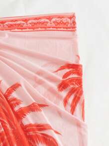 SHEIN Swim 1pc Women's Coconut Tree Mesh Maxi Dress With Belted Waist, Tropical Boho Casual Beach Wear - Orange - View 4