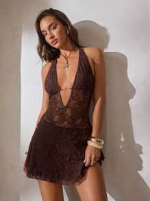 Aloruh Women's New Solid Brown Sexy Lace Open Back Hollow Waist Details Mini A-Line Dress, Spring/Summer - Brown - View 8