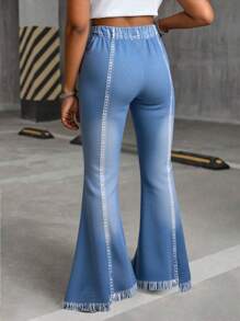 1pc Girls' Casual Cute Denim Effect Bow Print Flare Pants, Spring/Summer