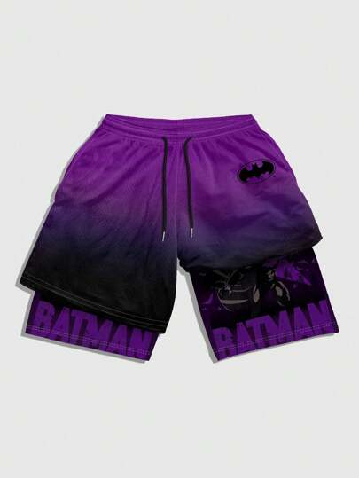 Batman X ROMWE Pantaloncini estivi da uomo con grafica a lettere sfumate e vita con coulisse